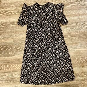 Vintage Black Floral Puff Sleeve Dress – Cotton Trapeze Fit – Size S